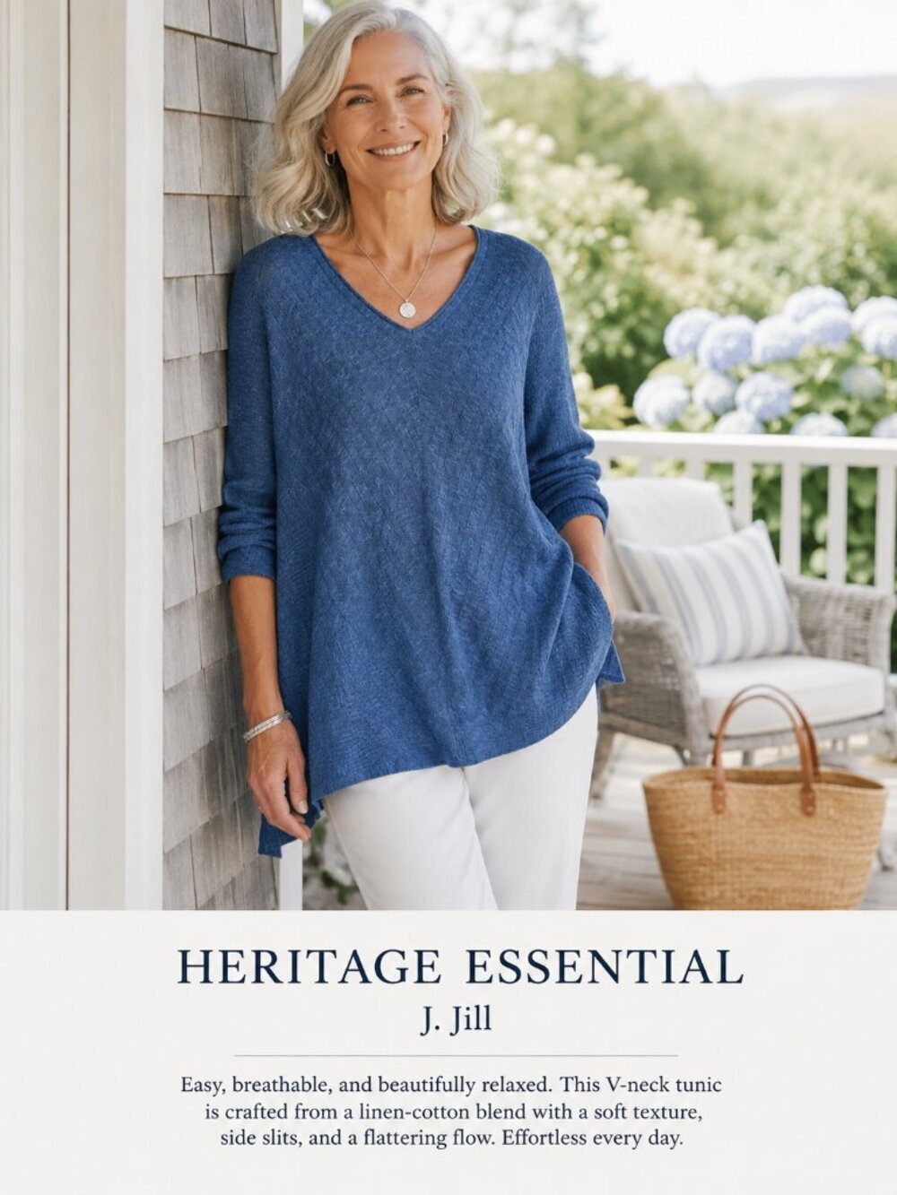 J Jill Linen Cotton Tunic Sweater Blue Textured V Neck Coastal Medium
